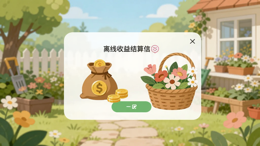 手机应用界面展示插画,画面呈现花园小院的离线收益结算弹窗,弹窗中显示金币袋和装满花卉的篮子,背景是模糊的庭院场景。整体风格简洁明快,采用扁平化设计,色彩清新,画面干净清晰,无多余元素。