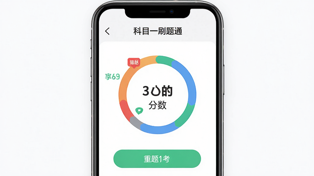 手机界面展示“科目一刷题通”模拟考试交卷后的成绩报告页面,主体为分数环形图与错题统计,布局为上下结构,排版清晰,风格为现代数据可视化,细节包括红色错题标记、绿色正确标记和重考按钮,画质高清,干净,无多余元素