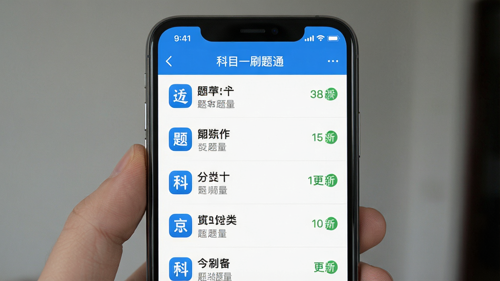 手机屏幕中显示“科目一刷题通”的题库列表界面,主体为分类明确的题目章节,布局为纵向列表,排版整齐,风格为清爽蓝白配色,细节包括章节图标、题量数字和更新标记,画质清晰,干净,无多余元素