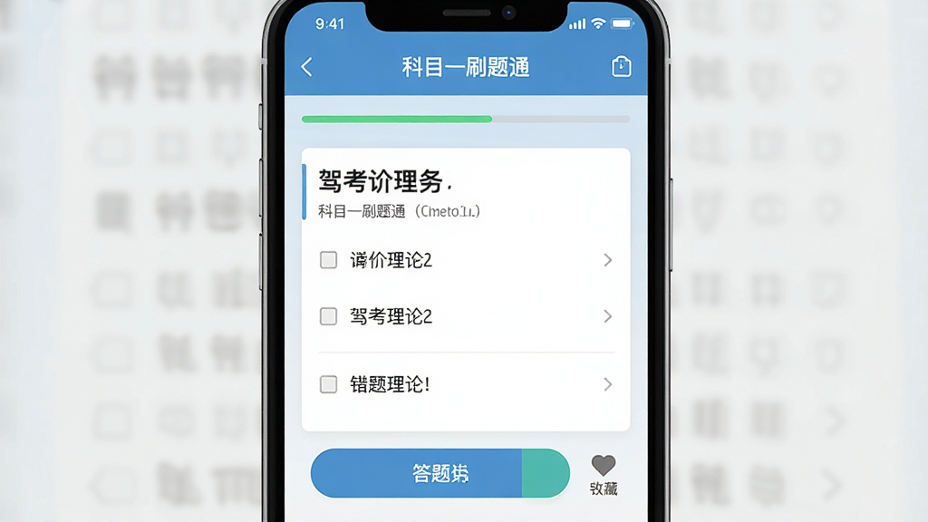 一款名为“科目一刷题通”的手机应用展示界面,主体为手机屏幕正中央显示驾考理论题目与选项,布局采用居中构图,排版简洁清晰,风格为扁平化教育类App设计,细节包括顶部进度条、底部答题按钮和错题收藏图标,画质高清,干净,无多余元素