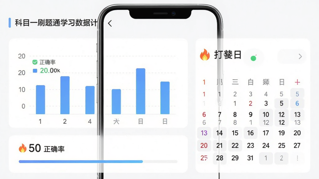 手机界面展示“科目一刷题通”的学习数据统计页,主体为柱状图与打卡日历,布局为上下分区,排版规整,风格为轻量级数据面板,细节包括正确率百分比、连续天数火焰图标和进度条,画质高清,干净,无多余元素