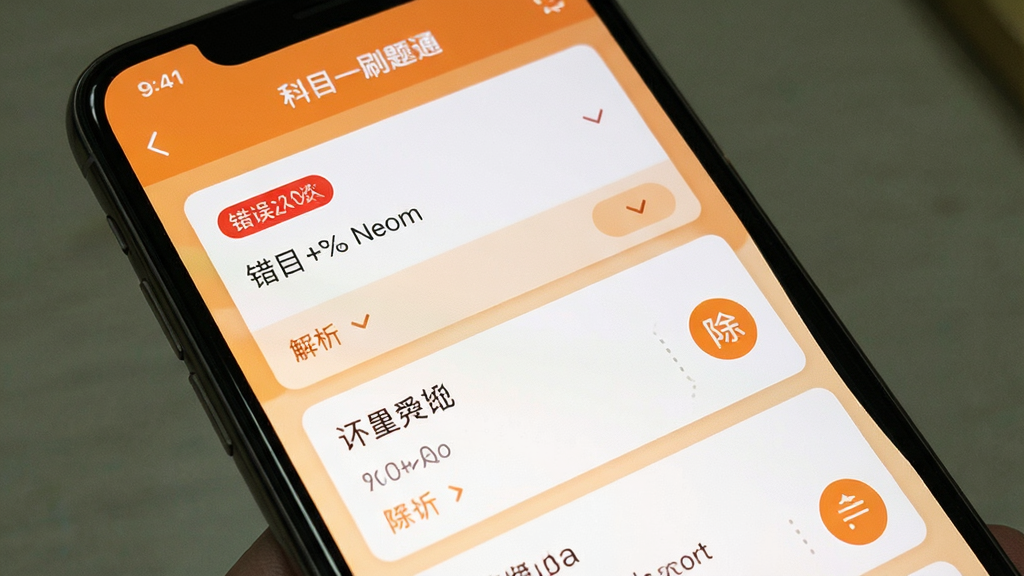 手机屏幕中显示“科目一刷题通”的错题本界面,主体为错题卡片列表,布局为纵向滚动,排版疏朗,风格为暖色提醒调性,细节包括红色错误次数标签、解析展开箭头和移除按钮,画质清晰,干净,无多余元素