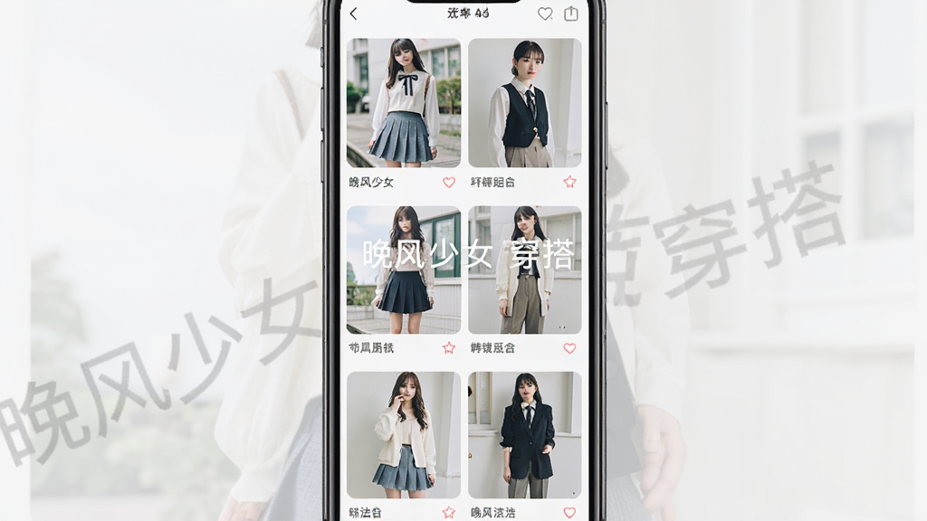 一部手机展示晚风少女穿搭软件中多种风格穿搭图集瀑布流页面,主体为竖屏手机,屏幕内呈现日系、韩系、法式等多种风格服装搭配缩略图,布局为双列瀑布流,排版整齐有序,风格为清新明亮,细节包括每张图片下方的风格标签和收藏按钮,画面中带有