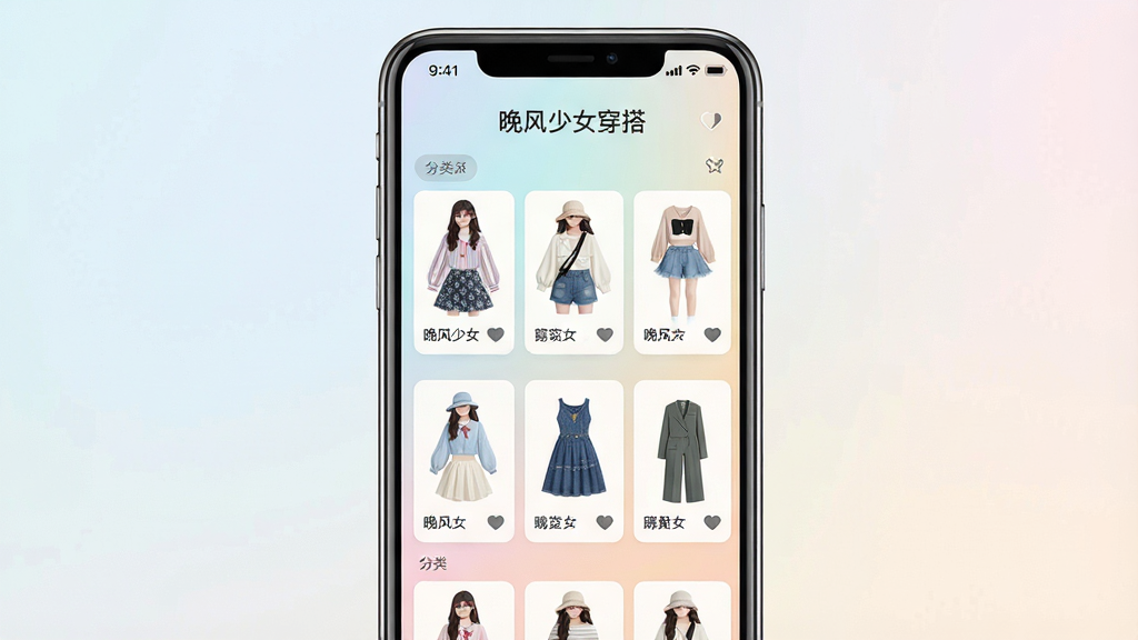 一张展示手机屏幕中晚风少女穿搭软件界面的图片,主体为一部竖屏智能手机,屏幕内显示清新的穿搭推荐页面,包含多套少女风格服装搭配卡片、柔和渐变背景和