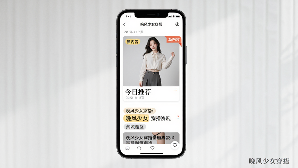 手机展示晚风少女穿搭软件每日更新页面,主体为竖屏手机,屏幕内显示今日推荐穿搭卡片和潮流资讯标题,布局为纵向列表,排版简洁,风格为时尚杂志风,细节包括日期标签、新内容角标、潮流关键词高亮等,画面中带有