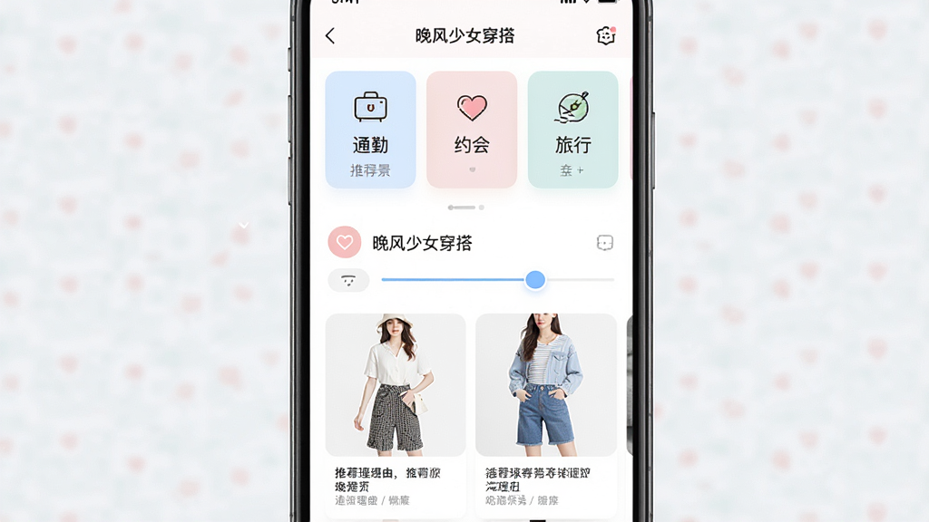 手机屏幕展示晚风少女穿搭软件的智能场景推荐界面,主体为竖屏手机,屏幕内显示多个场景选择按钮如通勤、约会、旅行等,下方展示对应的推荐穿搭卡片,布局为上下结构,排版清晰,风格为柔和清新,细节包括场景图标、推荐理由文字、筛选滑块等,画面中带有
