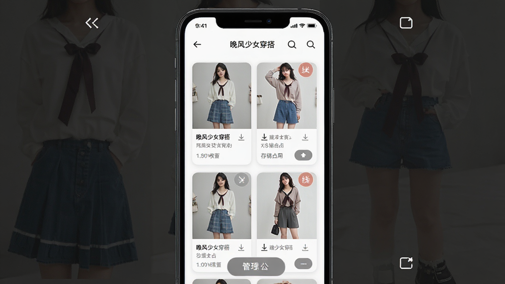 手机展示晚风少女穿搭软件离线收藏功能界面,主体为竖屏手机,屏幕内显示已缓存的穿搭图集列表和离线标识,布局为纵向卡片列表,排版清晰,风格为简约实用,细节包括下载完成图标、存储占用显示、管理按钮等,画面中带有