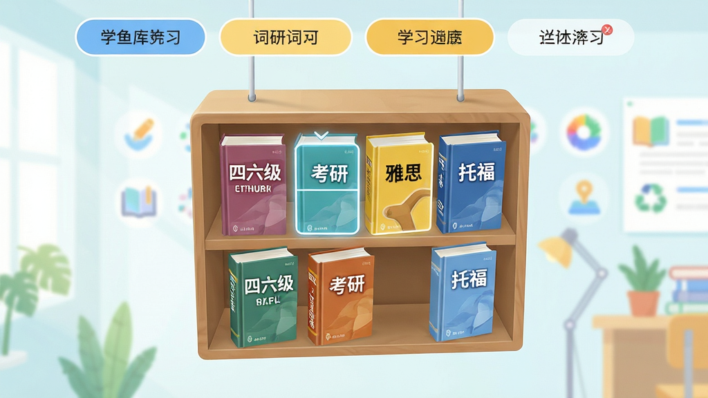 飞鱼单词海量词库选择界面,画面中央为悬浮的书架造型,书架上整齐排列着标有“四六级”、“考研”、“雅思”、“托福”等字样的单词书,布局采用纵向延伸的透视构图,排版将词库分类标签置于顶部,风格为清新明亮的学习场景插画,细节包括书本封面的英文标签、选中状态的高亮边框、背景中的学习进度小图标,画质高清,干净无多余元素。