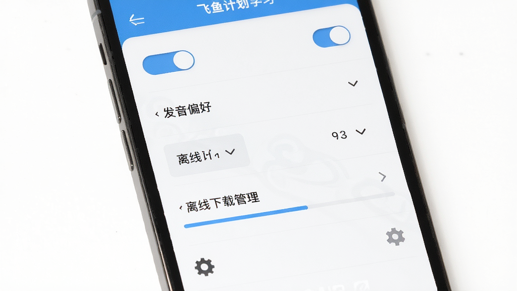 飞鱼单词移动端学习设置界面展示,画面为手机屏幕特写,屏幕上显示学习计划设置、发音偏好选择、离线下载管理等选项,布局采用纵向列表排版,风格为简洁清爽的扁平化UI风格,细节包括滑动开关、下拉菜单、进度条、设置图标,画质高清,干净无多余元素。