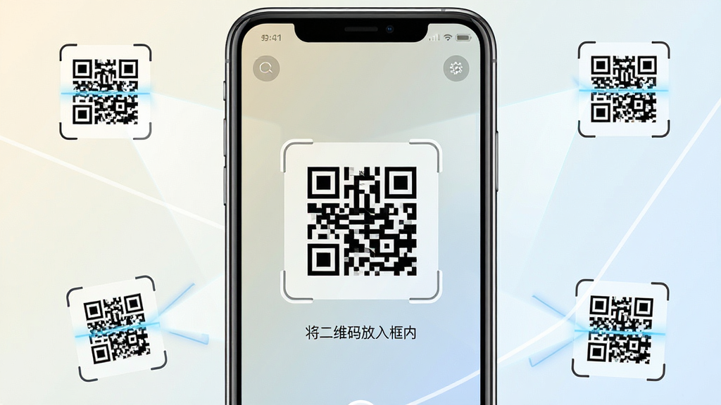 一张展示支二维码扫码宝软件界面的手机截图,画面中央为手机屏幕,屏幕内呈现简洁的二维码扫描界面,有扫描框和提示文字