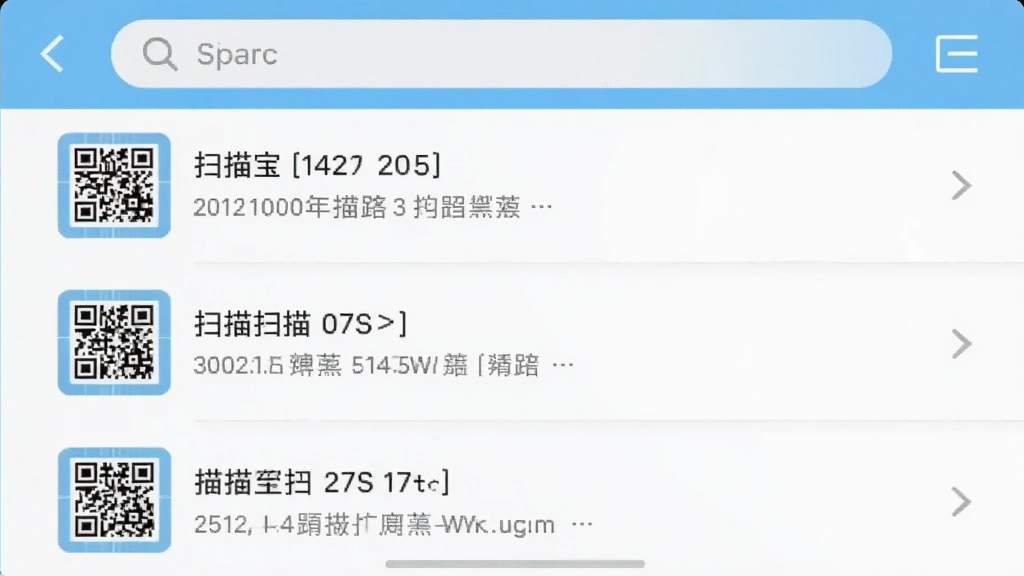 支二维码扫码宝的历史记录页面截图,手机屏幕显示按时间排列的扫描记录列表,每条记录带有二维码图标和内容摘要,顶部有搜索框,界面配色为白色与浅蓝色搭配,风格干净整洁,画质清晰