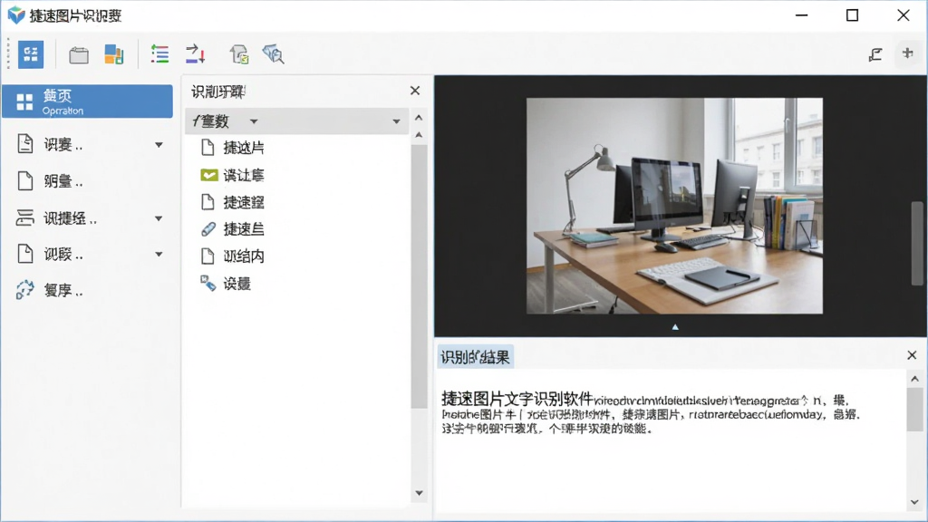 捷速图片文字识别软件主界面展示,主体是软件操作窗口,布局为左侧功能导航右侧图片预览与识别结果双栏,排版清晰整洁,风格为现代商务简约风,细节包括工具栏按钮、文件列表、识别文本区域,画质高清,干净,无多余元素