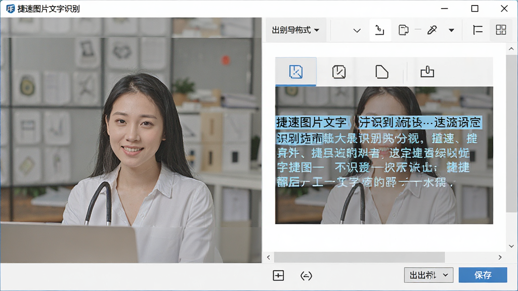 捷速图片文字识别软件识别结果编辑与导出界面,主体是软件窗口展示左侧原图右侧识别文本,布局为左右分栏对比,排版规整,风格为清爽办公风,细节包括高亮选中的文字、导出格式下拉菜单、保存按钮,画质高清,干净,无多余元素
