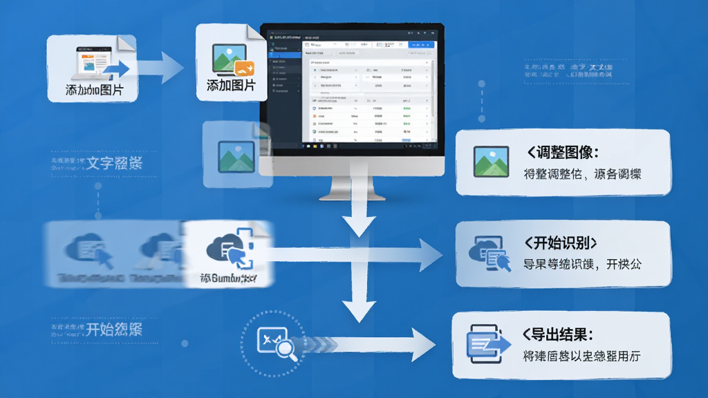 捷速图片文字识别软件使用技巧示意图,主体是电脑屏幕显示软件操作步骤,布局为分步流程图形式,排版从上到下依次展示添加图片、调整图像、开始识别、导出结果四个环节,风格为信息图表风,细节包括箭头指引、图标标注、文字说明,画质清晰,干净,无多余元素