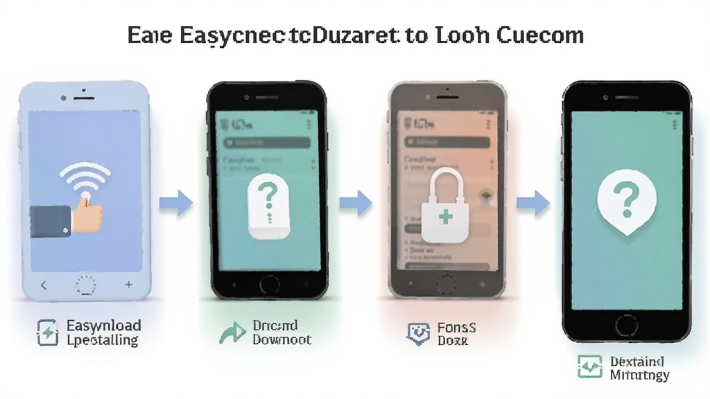 一张分步操作示意图,展示EasyConnect从下载安装到登录成功的四个步骤,每个步骤用简洁的图标和文字标注,排版从左到右,风格扁平化,色彩柔和,画质清晰,干净无多余元素