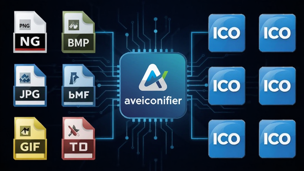 aveiconifier格式转换示意图,画面左侧是PNG、JPG、BMP、GIF等格式图标,右侧是统一的ICO图标,中间用aveiconifier软件logo连接,整体风格科技感,布局对称,画质清晰