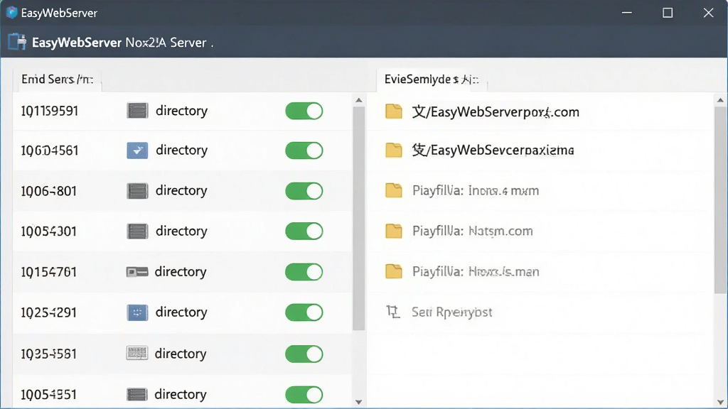 EasyWebServer网站服务器多站点配置界面,主体为软件窗口展示多个端口列表和文件夹路径,布局左右分栏,排版整齐,风格为简约商务风,细节包含端口号、目录图标、启用开关,画质清晰,干净,无多余元素