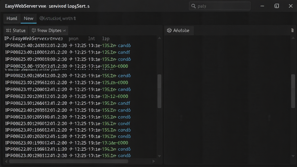 EasyWebServer网站服务器实时日志监控界面,主体为深色背景的日志滚动窗口,布局上下结构,排版紧凑,风格为极客暗色风,细节包含IP地址、时间戳、状态码高亮,画质清晰,干净,无多余元素