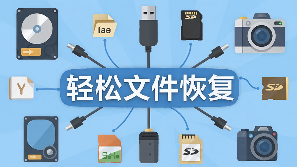 一张展示轻松文件恢复支持多种设备的图片,画面中央是软件名称“轻松文件恢复”的文字标识,周围环绕着硬盘、U盘、SD卡、相机等设备图标,布局为放射状,风格为扁平化插画风,细节包括连接线和文件类型符号,画质清晰,干净,无多余元素