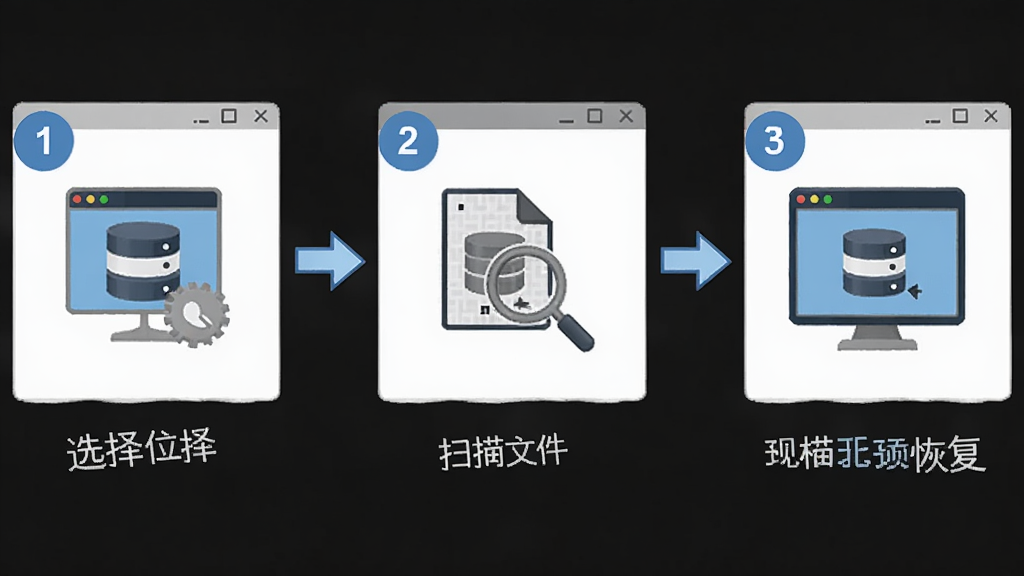 一张展示轻松文件恢复操作向导的图片,画面为软件的三步操作流程图,第一步选择位置,第二步扫描文件,第三步预览恢复,布局为横向排列,风格为简约流程图风,细节包括箭头连接和步骤编号,画质清晰,干净,无多余元素