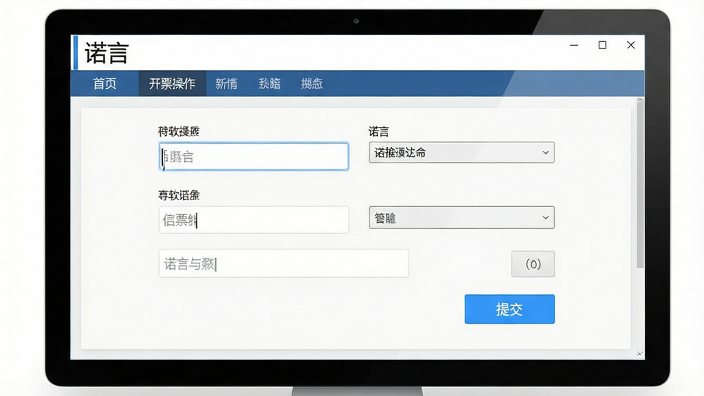 诺言软件操作界面截图:画面主体为电脑屏幕显示“诺言”开票操作页面,页面中包含输入框、下拉菜单与提交按钮;布局采用上下结构,上方为导航栏,下方为表单区域;排版清晰规整;风格为典型办公软件界面;细节上输入框带有光标闪烁效果,按钮为蓝色高亮;画质高清,干净无多余元素
