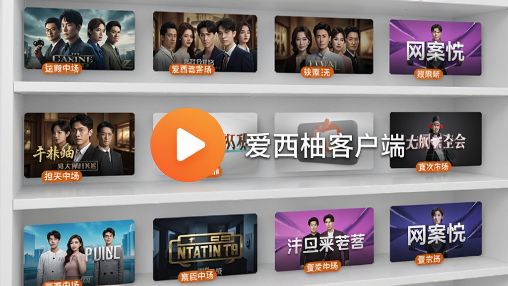 画面展示一个虚拟的视频内容库,多个视频封面整齐排列在架子上,封面包含电影、电视剧、综艺等类型标签,画面中央有一个橙色的播放按钮,旁边标注“爱西柚客户端”字样,整体风格明亮整洁,高清画质,无多余装饰元素