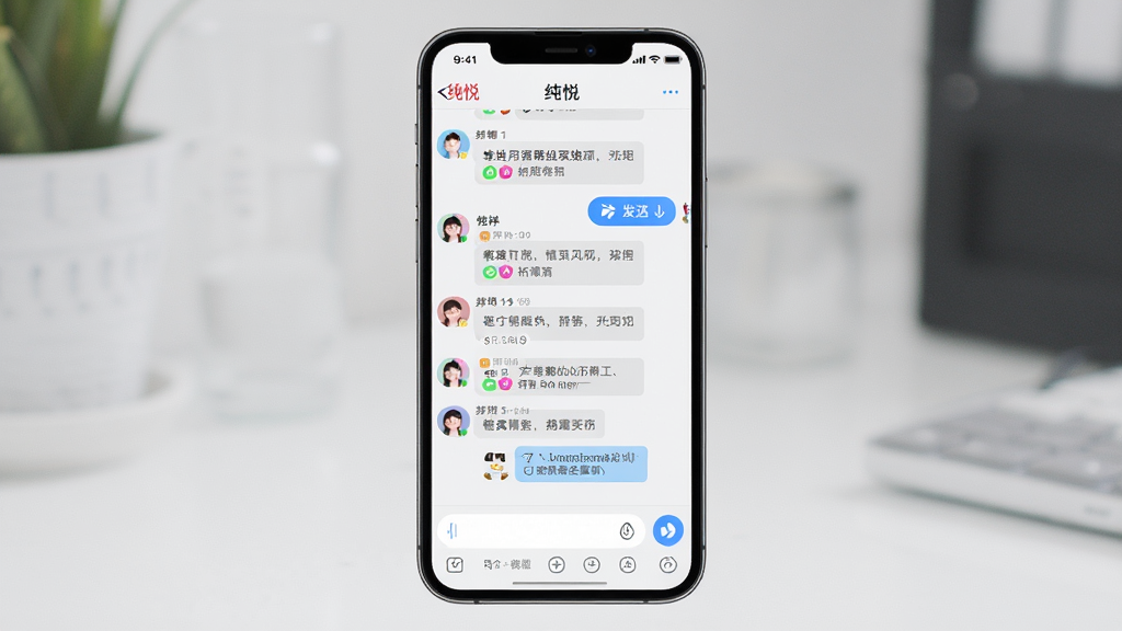 纯悦应用群组聊天功能展示图,主体是手机屏幕上的群聊界面,布局包含顶部群名称、中间多条聊天记录、底部输入框和功能按钮,排版为竖屏移动端布局,风格为清新浅色系UI,细节包含蓝色发送按钮、灰色气泡框、彩色头像,画质清晰,干净,无多余元素