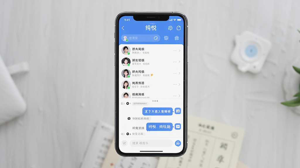 一张手机屏幕展示纯悦聊天界面的预览图,主体是一台竖屏智能手机,屏幕中央显示纯悦应用主界面,包含好友列表和聊天对话框,布局简洁,排版清晰,风格为现代扁平化UI设计,细节包含蓝色主色调、白色背景、圆角图标,画质高清,干净,无多余元素