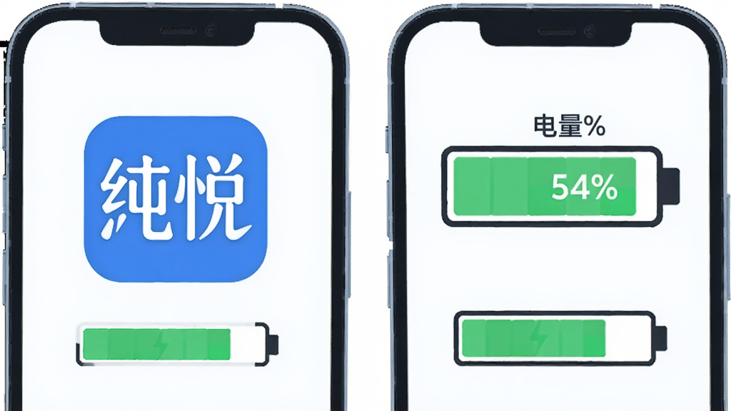 纯悦应用低功耗运行示意图,主体是一部手机和一块电量图标,布局为左右对比形式,左侧显示纯悦图标,右侧显示电量百分比保持高位的状态,排版简洁,风格为科技感扁平插画,细节包含绿色电量条、蓝色应用图标,画质高清,干净,无多余元素