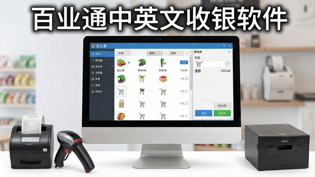 一张展示百业通中英文收银软件核心界面的图片,主体为收银台电脑屏幕显示商品列表与结算窗口,布局为屏幕居中展示,左侧为商品分类导航,右侧为购物车与金额汇总,排版清晰整齐,风格为现代简约商务风,细节包含扫码枪、小票打印机、钱箱等收银外设,屏幕上方标注