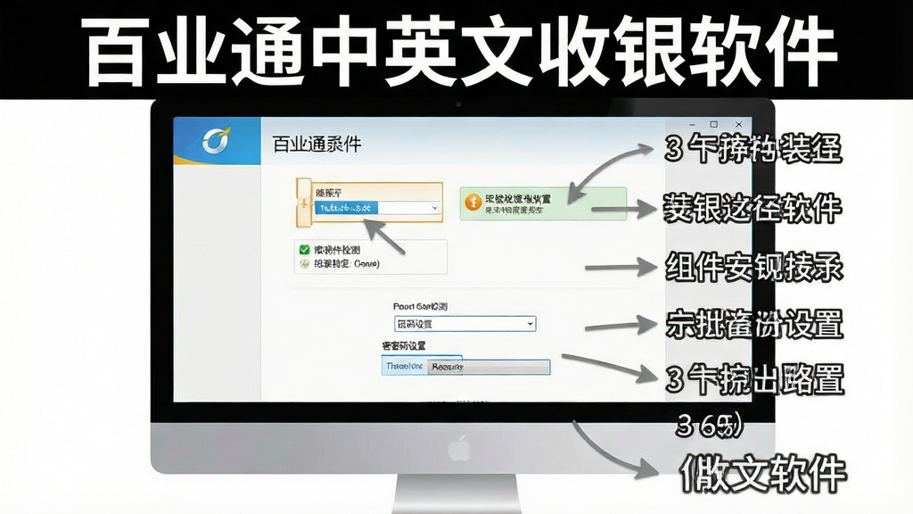 一张展示百业通中英文收银软件新手安装设置流程的图片,主体为电脑屏幕显示安装向导与设置界面,布局为步骤式从上到下排列,排版清晰标注每一步操作,风格为简洁教程风,细节包含安装路径选择、组件检测提示、密码设置框、备份路径配置等界面元素,画面中标注