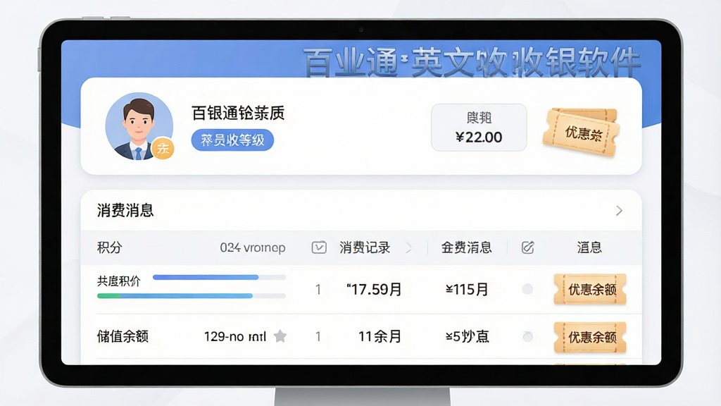 一张展示百业通中英文收银软件会员管理功能的图片,主体为会员信息卡片与消费记录列表,布局为上方会员头像与等级标签、下方消费明细表格,排版层次分明,风格为柔和圆角商务风,细节包含积分进度条、储值余额、优惠券图标等元素,画面中标注