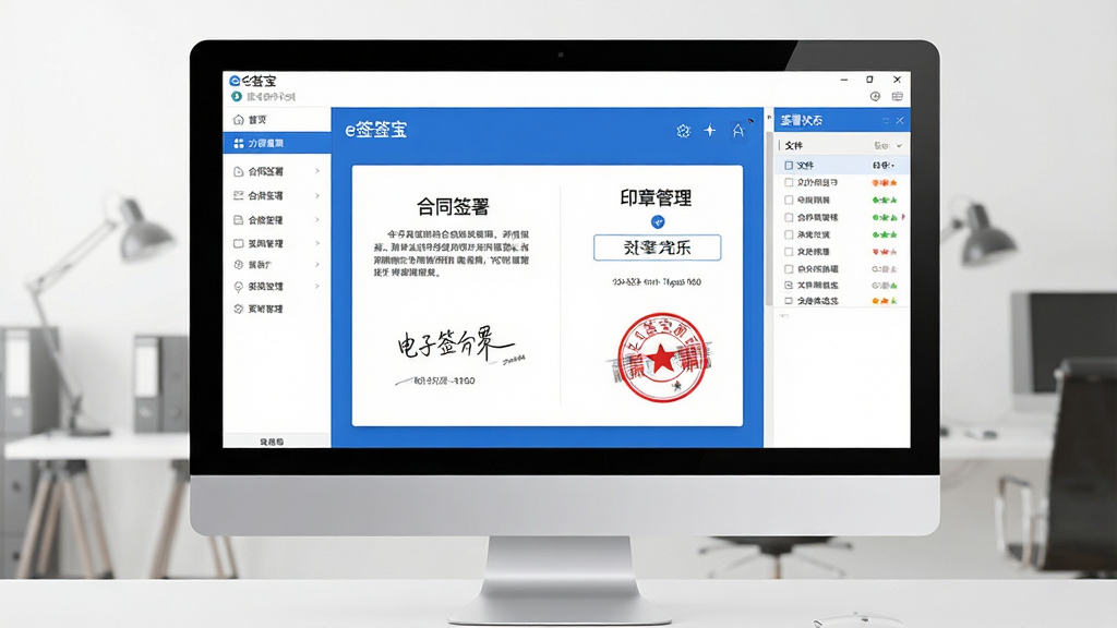 一张展示e签宝客户端软件界面的全景图,画面主体为电脑屏幕中打开的e签宝客户端主界面,屏幕中央显示合同签署流程和印章管理面板,左侧为功能导航栏,右侧为文件列表和签署状态标识,整体布局简洁商务,采用蓝白配色风格,细节包括电子签名笔迹、时间戳、红色印章图案等元素,画质清晰干净,无多余装饰,适合软件下载站展示使用