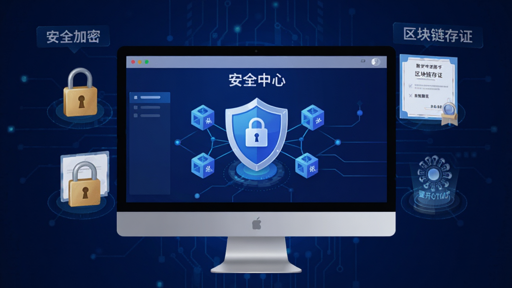 e签宝客户端安全加密与区块链存证示意图,画面主体为电脑屏幕显示的安全中心页面,页面中央有一个盾牌图标和区块链节点连接图,周围环绕着加密锁、数字证书、时间戳等元素,背景为深蓝色科技风格,细节包括