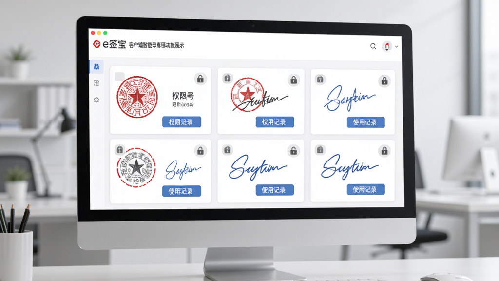 e签宝客户端智能印章管理功能展示图,画面主体为电脑屏幕上显示的印章管理面板,面板中排列着多个电子印章图案和签名样式,每个印章旁边有权限设置图标和使用记录按钮,背景为淡灰色办公环境,风格简洁专业,细节包括红色圆形印章、蓝色签名笔迹、权限锁图标,画质清晰干净,无多余元素