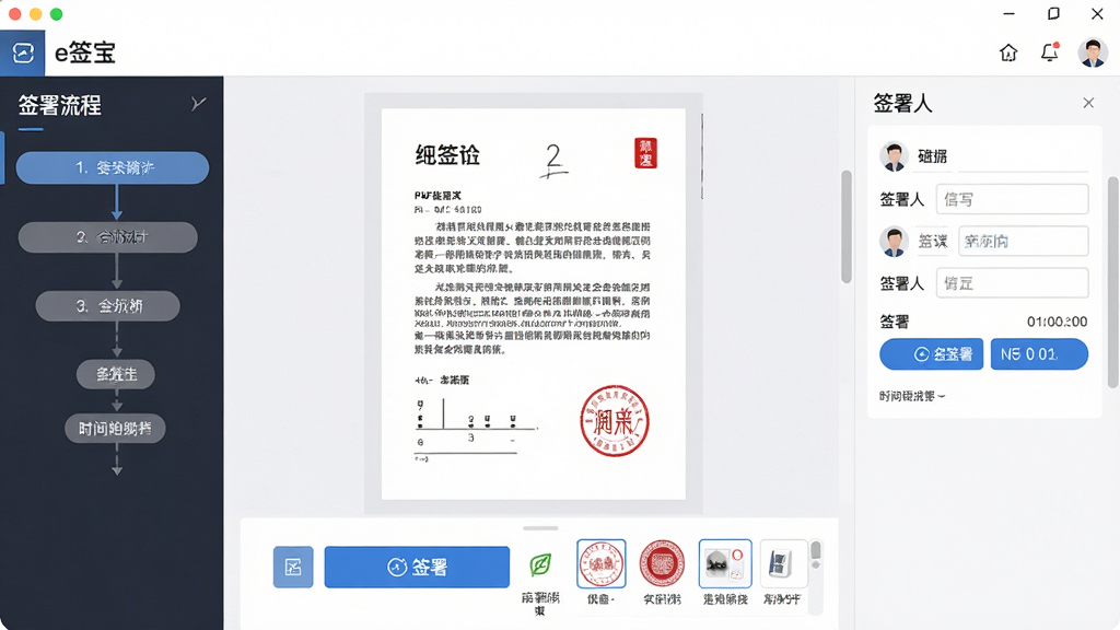 一张展示e签宝客户端操作界面的详细截图,画面主体为电脑屏幕中显示的合同签署页面,页面中央是PDF合同预览区域,底部有签署按钮和印章选择栏,左侧显示签署流程步骤条,右侧为签署人信息填写区,整体界面风格简洁商务,细节包括蓝色签署按钮、红色印章图标、时间戳显示,画质清晰干净,无多余元素