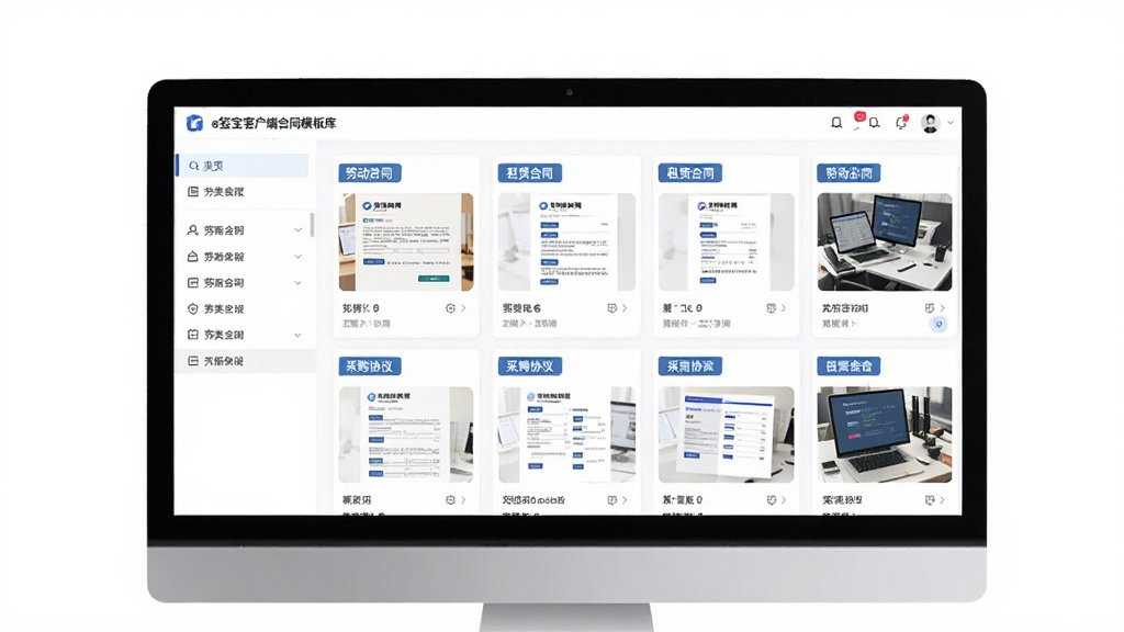 e签宝客户端合同模板库界面图,画面主体为电脑屏幕中展示的模板库页面,页面中整齐排列着多种合同模板卡片,卡片上有合同类型标签和预览缩略图,左侧为分类导航栏,背景为白色简洁风格,细节包括劳动合同、租赁合同、采购协议等文字标签,画质清晰干净,无多余装饰