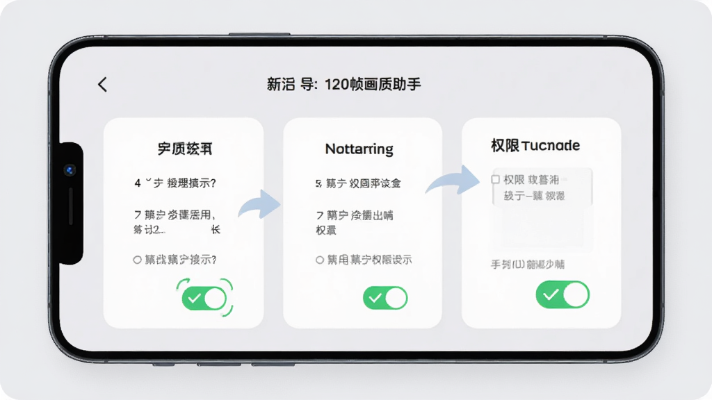 一部手机展示“120帧画质助手”的新手引导界面,界面中包含步骤提示与权限开关示意图,背景为浅灰色,布局为分步卡片式排列,风格为友好教学风格,细节包含箭头指示与勾选框,画质高清,干净,无多余元素