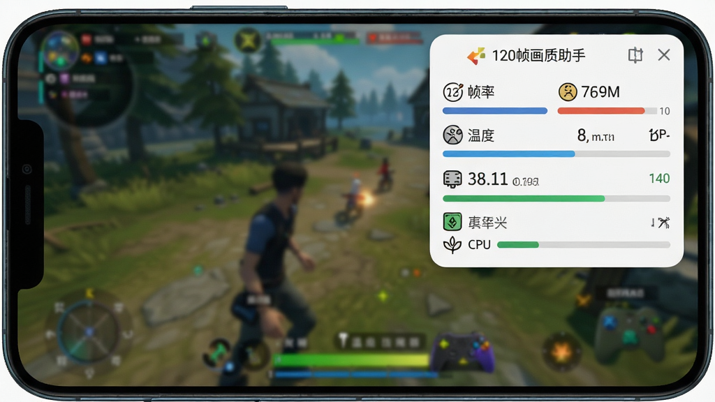 一部手机屏幕显示“120帧画质助手”的悬浮窗监控界面,悬浮窗内包含帧率、温度、CPU占用率等数据条,背景为游戏画面虚化效果,布局为悬浮窗位于屏幕右上角,风格为简洁信息面板设计,细节包含数值与图标,画质高清,干净,无多余元素