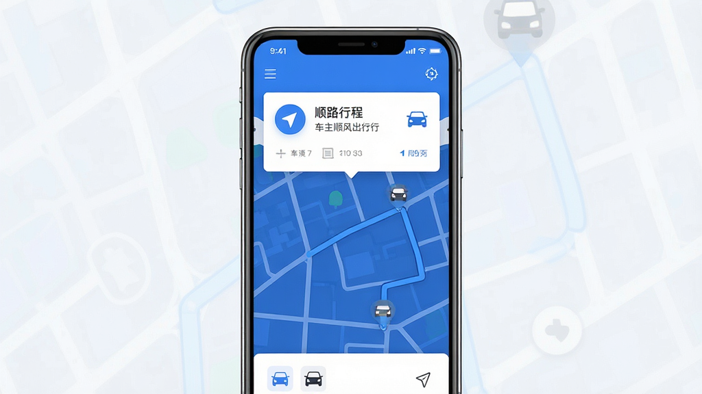一张展示车主顺风出行通手机应用主界面的预览图,画面中央是一部竖屏智能手机,屏幕上显示顺路行程卡片与地图路线,主体为手机与界面,布局居中,排版简洁,风格为现代科技感扁平化设计,细节包含蓝色主色调、白色卡片、导航图标与车辆小图标,画质高清,干净,无多余元素