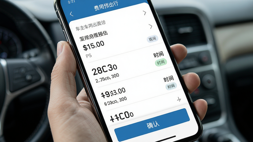 一张展示车主顺风出行通费用预估界面的图片,主体为手机屏幕上的费用明细列表,布局为纵向排列,排版清晰,风格为清爽商务风,细节包含数字金额、里程数、时间标签与确认按钮,画质高清,干净,无多余元素