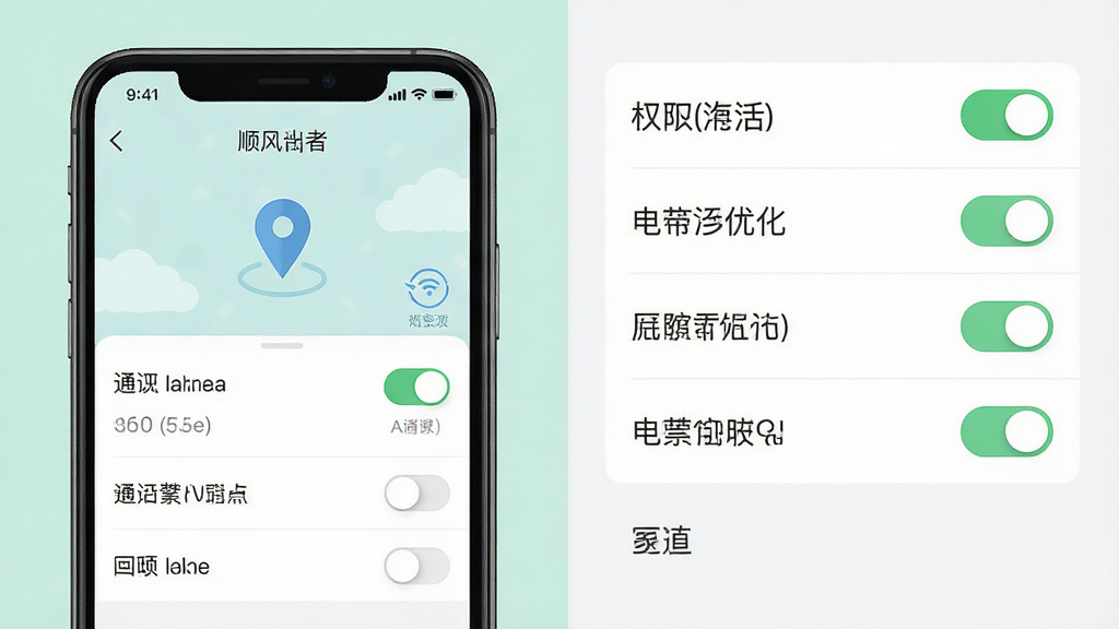 一张展示车主顺风出行通使用技巧的示意图,主体为手机屏幕与设置菜单界面,布局为左右分栏,排版左侧手机右侧权限开关列表,风格为清新浅色扁平风,细节包含定位图标、通知开关、电池优化选项与文字标签,画质高清,干净,无多余元素