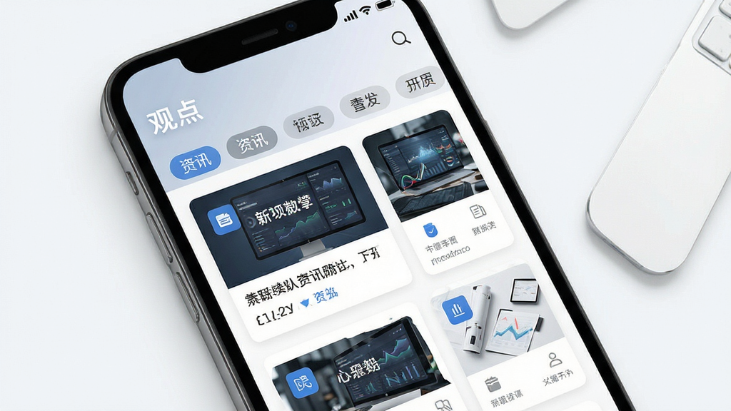 一款名为“观点”的资讯应用界面展示图,画面主体为手机屏幕,屏幕上呈现多个资讯卡片与分类标签,布局整齐,风格为简约商务,细节包括清晰的文字与图标,画质高清,干净,无多余元素