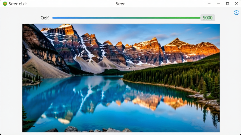 一张展示 Seer 软件瞬间打开高清图片的示意图,主体为一张色彩鲜艳的风景照片在 Seer 预览窗口中显示,布局为全屏展示,排版强调图片与预览窗口的融合,风格为写实摄影,细节包括图片加载进度条瞬间满格,画质为超高清,干净,无多余元素