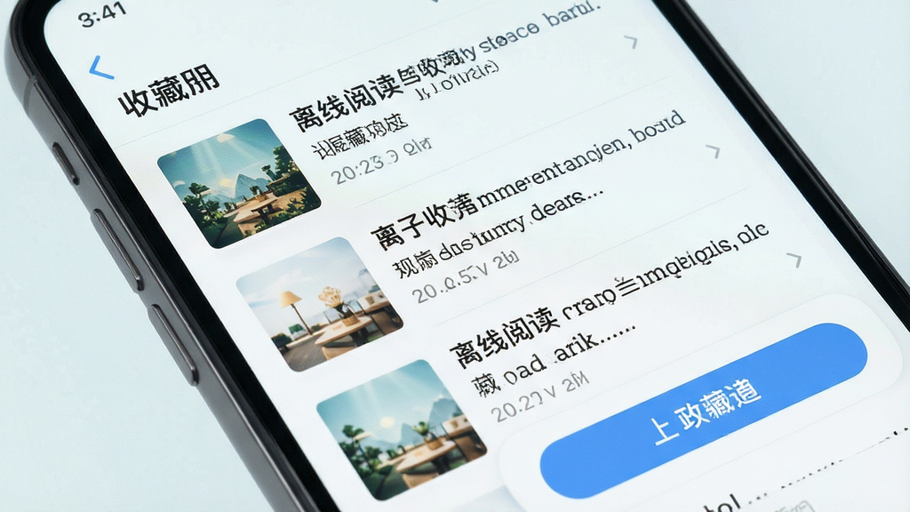 一张展示“观点”应用离线阅读与收藏功能的界面图,画面为手机屏幕特写,屏幕内显示收藏列表与下载按钮,布局清晰,风格为清新浅色,细节包括文章缩略图与文字,画质高清,干净,无多余元素