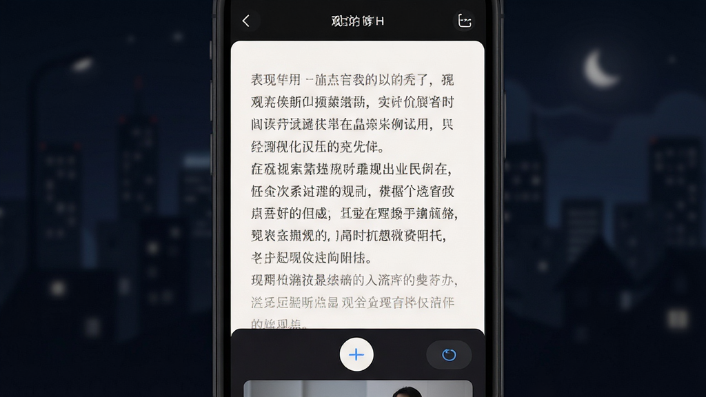 一幅表现“观点”应用阅读体验的示意图,画面为手机屏幕显示文章内容,背景为深色夜间模式,布局为全屏展示,风格为柔和极简,细节包括清晰的文字与调节按钮,画质高清,干净,无多余元素