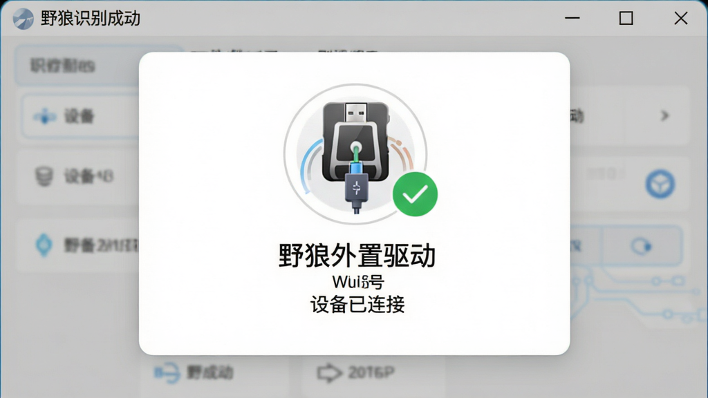 野狼外置驱动智能识别功能界面特写,主体为软件弹窗展示设备识别成功提示,布局为居中卡片式设计,排版突出设备图标与型号文字,风格简洁明快科技风,细节包括USB连接动画、绿色对勾标识、设备名称文字,画面中文字标注“野狼外置驱动”与“设备已连接”,画质清晰干净,无多余元素