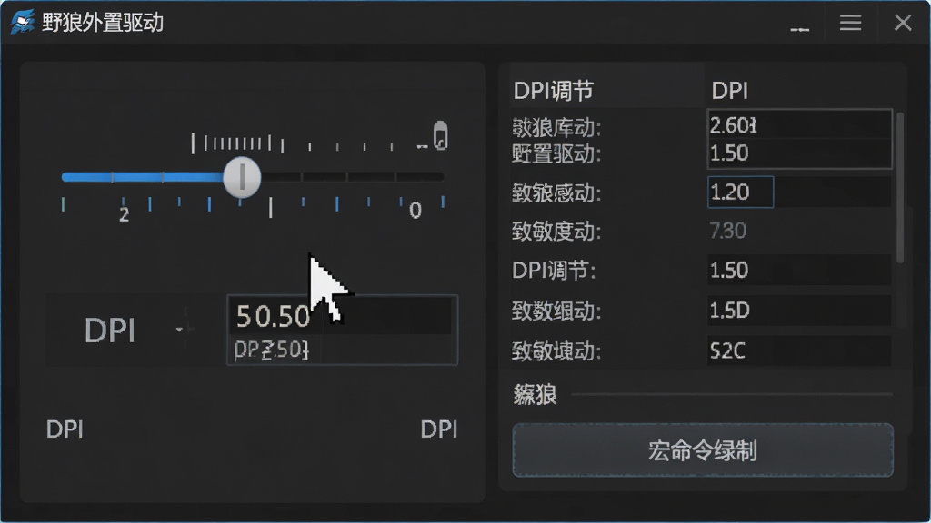 野狼外置驱动参数调节面板操作场景,主体为软件界面中DPI滑块与数值输入框区域,布局为左右分栏左侧滑块右侧参数列表,排版整齐清晰,风格为专业工具类深色主题,细节包括鼠标指针图标、灵敏度刻度线、宏命令录制按钮,画面中文字标注“野狼外置驱动”与“DPI调节”,画质清晰干净,无多余元素
