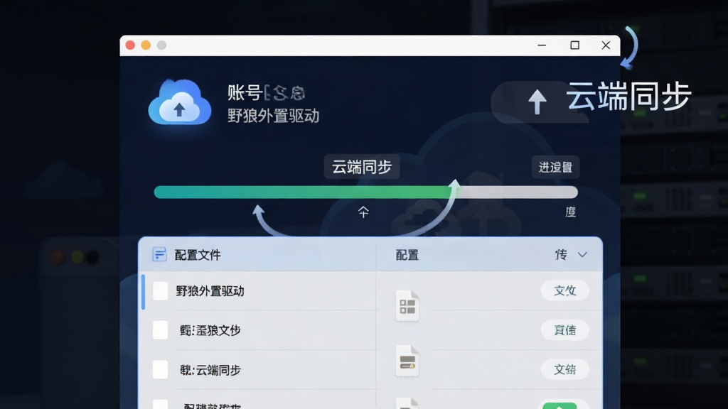 野狼外置驱动云端同步功能示意图,主体为软件界面展示配置上传下载进度条,布局为上方账号信息下方配置文件列表,排版简洁直观,风格为轻量化云服务视觉风格,细节包括云朵图标、同步箭头、配置文件名称文字,画面中文字标注“野狼外置驱动”与“云端同步”,画质清晰干净,无多余元素