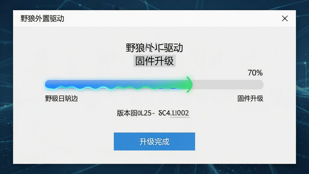 野狼外置驱动固件升级进度界面,主体为软件弹窗显示升级进度百分比,布局为居中进度条加下方版本号对比,排版简洁明了,风格为系统更新类清爽视觉,细节包括进度条动画、新旧版本号文字、升级完成按钮,画面中文字标注“野狼外置驱动”与“固件升级”,画质清晰干净,无多余元素